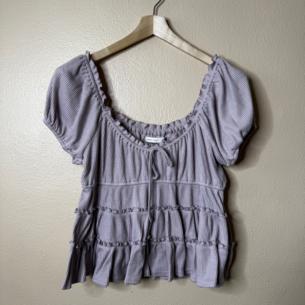 Free People Lavender Ribbed Puff Sleeve Peasant Top